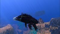 A Cryptosuchus swimming near the Mercury II, visible in the background