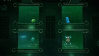 Four cases embedded into the wall containing a Rabbit Ray egg, a Jellyray egg, a Gasopod egg, and an Ampeel egg