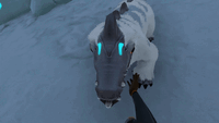 The player interacting with the Snow Stalker Baby.