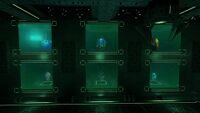 Six wall embedded cases containing a Reefback Leviathan egg, a Crabsquid egg, a Stalker egg, a Boneshark egg, a Sand Shark egg and a Shuttlebug egg