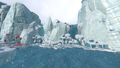 A frozen waterfall flowing down from the northern ridge
