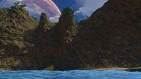 The Floating Island's underwater entrance, viewed above the water surface