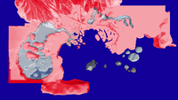 Map of surface area; red = unplayable, white = playable above-ground, blue = water