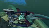 The outside view of the Prawn Suit being grabbed by a Reaper Leviathan.