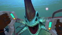 The view inside the Prawn Suit as it's being grabbed by a Reaper Leviathan.