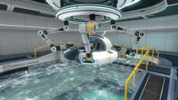 A Seamoth docked in the moonpool.