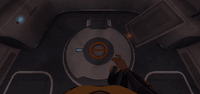 The player opening the bottom hatch to exit Lifepod 5 for the first time.