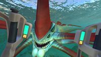 The Prawn Suit grabbed by a Reaper Leviathan seen from inside.