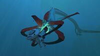 A Reaper Leviathan holding a Prawn Suit