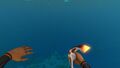 A Lava Boomerang being held in the players hand.