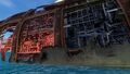 Closeup of the exposed hull on the port side