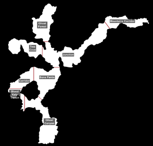 A map of the Lost River with the locations of its seven sub-biomes labeled