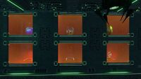 Six wall embedded cases containing a Reefback egg, a Crabsquid egg, a Stalker egg, a Boneshark egg, a Sand Shark egg and a Shuttlebug egg