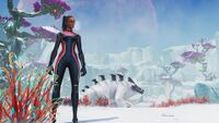 A screenshot depicting Robin Ayou and a Snow Stalker