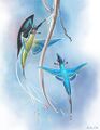 Non-Subnautica alien bird art by Alex Ries (2016), has the same tail design as the Pengwing as well as the same color scheme.
