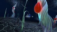 Size comparison between the player, the Seamoth, and a Blood Cave Root