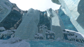 An alcove with three frozen waterfalls