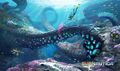 Old concept art of the Twisty Bridges, showing the Blue Barnacles