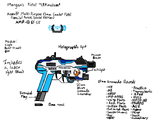 The Assault Muti-Purpose 13mm Special Forces Combat Pistol Special Edition (AMP-13 SF Combat Pistol SE). It uses 13mm HVEM (Hypervelocity Electromagnetic) rounds, making it effective against organic and electronic targets.